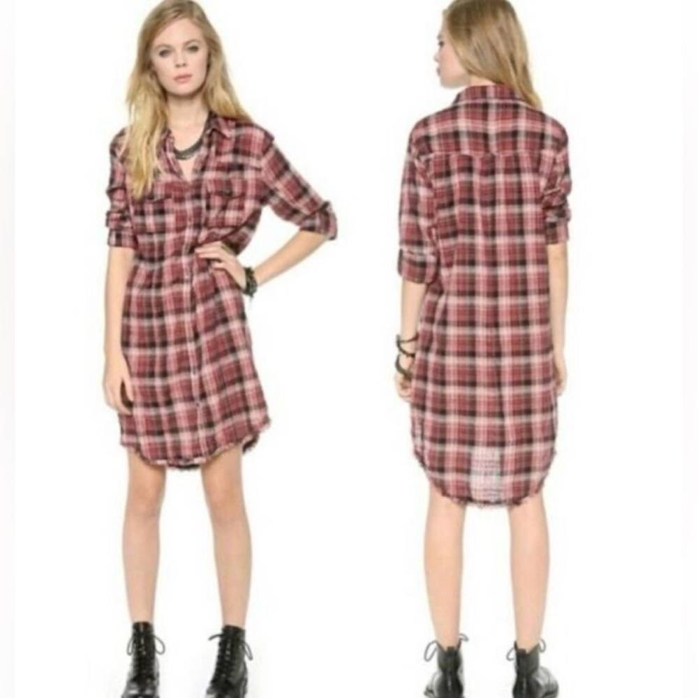 FREE PEOPLE Eight Days A Week Plaid Cotton Shirt Dress